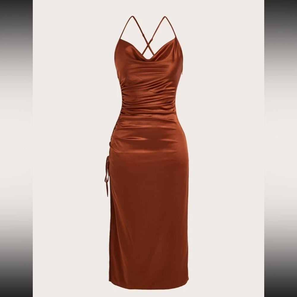 SHEIN Belle Draped Drawstring Side Split Thigh Satin Cami Dress